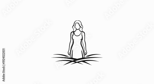 Stylized outline of a person in a dress amidst abstract grass elements