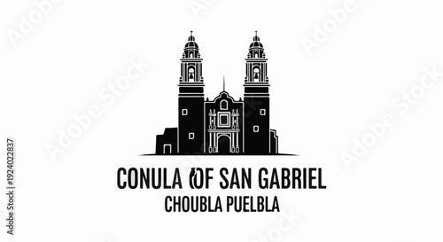 Stylized silhouette of a colonial church with twin towers and text