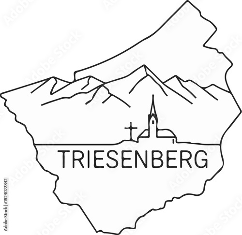 Stylized outline of a mountainous region with a church and text