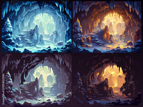 Four scenes depicting fantasy cave entrances with varying lighting and atmosphere