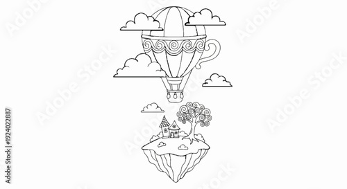 Whimsical hot air balloon above a floating island with houses and a tree