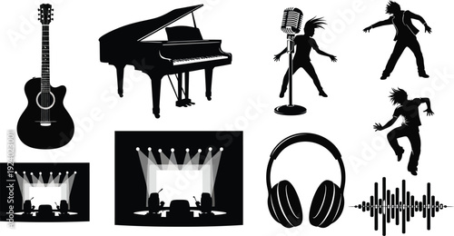 Music Instruments and Dancers Performing on Stage with Headphones and Sound Waves