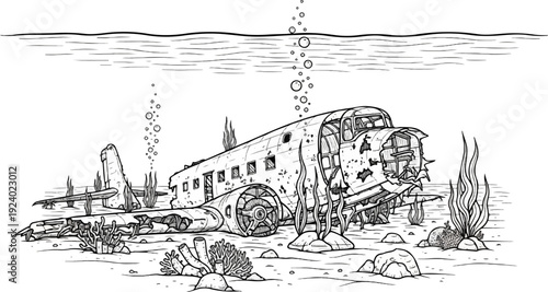 Underwater view of a decaying airplane wreck, surrounded by coral and marine plants