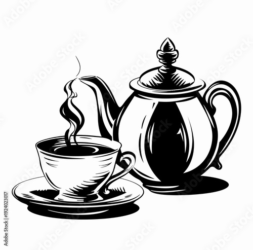 Elegant illustration of a teapot and teacup with steam for beverage designs