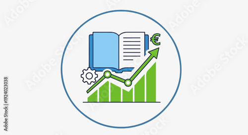 Upward financial growth symbolized by a book, gear, and euro symbol