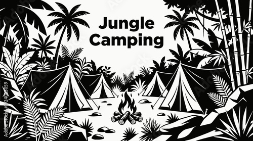 camping tents inside a dense jungle with tropical plants representing exploration survival and exotic travel adventure
