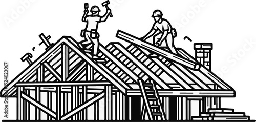 Two construction workers build a house roof, one hammers, the other places wood