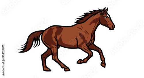Running horse illustration with brown coat and flowing mane on white background