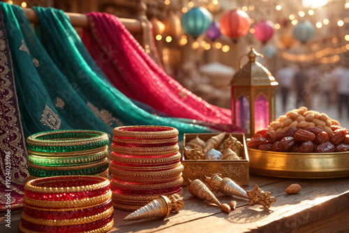 Festive display of wrapped gifts and decorative items in baskets, Night Photography of a Plate of Dates at a Gathering - Exquisite Middle Eastern Delicacies for Celebrations, Ramadan Iftar food


