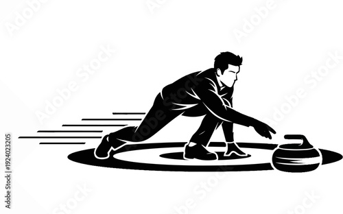 Stylized silhouette of a male curler pushing a stone on ice