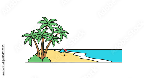 Beach scene with palm trees and parasol in line art style