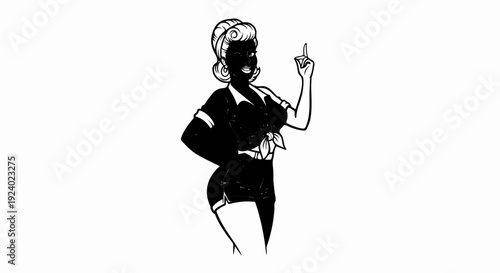 Stylized vintage woman in shorts and tied shirt points upward