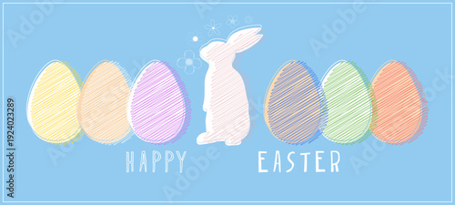 Easter holidays greeting banner card background typography. Linear ornament design with Bunny rabbit, Easter eggs, spring plants. Template for advertising, web