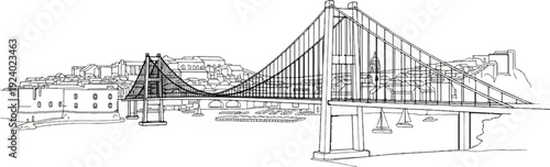Stylized line drawing of a suspension bridge spanning a body of water towards a city
