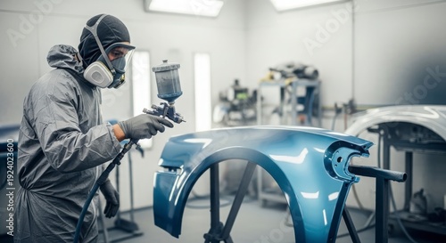 Professional auto body shop worker spray painting car part in protective gear