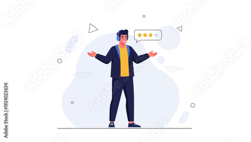 Man with headphones showing customer feedback with 4 stars rating