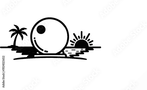 Stylized tropical island with sun rising over ocean, large orb