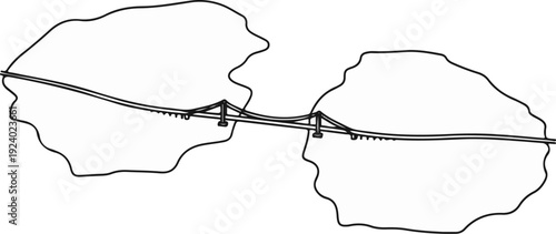 Stylized line drawing of a suspension bridge connecting two landmasses over water