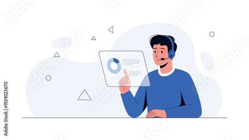 Customer service agent with headset and futuristic interface showing analytics