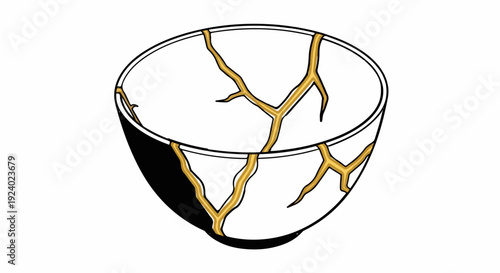 White bowl with gold cracks and a dark shadow