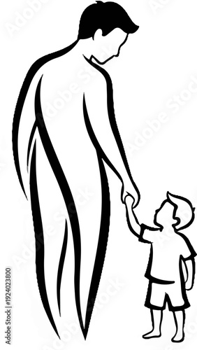 Stylized silhouette of a tall figure holding a small child's hand