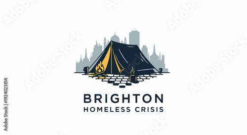Tent and campfire in front of city skyline, representing homelessness