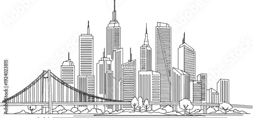 Stylized outline of a suspension bridge leading into a dense city skyline with diverse skyscrapers