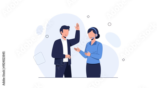 Customer Support Teamwork: Man and Woman with Headsets