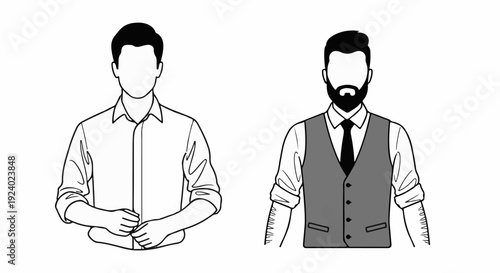 Two faceless men. One wears a button-up shirt, the other a vest and tie