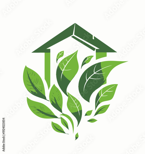 Green house logo with leaves representing nature and sustainability