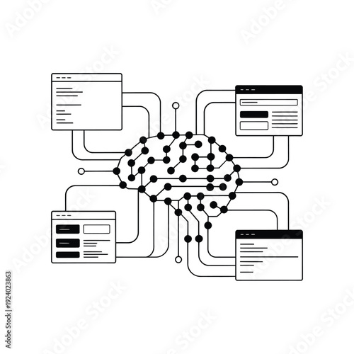 Artificial intelligence concept a brain connected to multiple screens