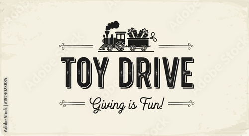 Stylized train pulling gifts under "Toy Drive" and "Giving is Fun!" text