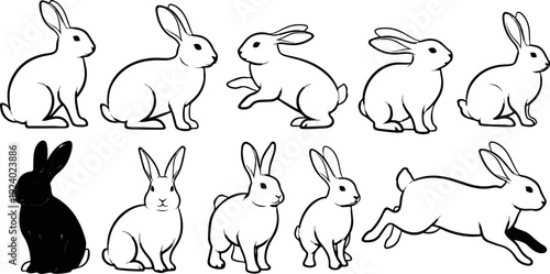 Ten stylized line drawings of rabbits in various poses, one solid black