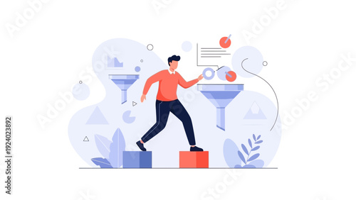 Businessman walking through sales funnel, business growth and strategy concept