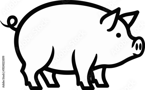 Stylized line drawing of a plump pig with curly tail and snout