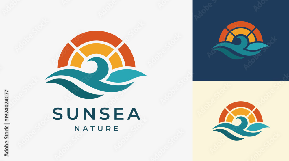 Obraz premium This logo beautifully depicts a sunset over ocean waves, combining vibrant colors that evoke feelings of relaxation and the calming atmosphere of seaside environments.