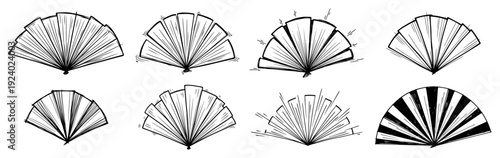 Hand drawn sketch set of traditional folding hand fans in doodle style