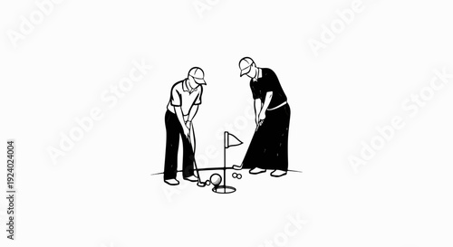 Two golfers preparing to putt on a green with a flag and hole