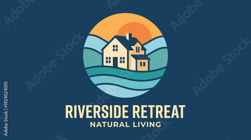 The Riverside Retreat logo features a serene mountain landscape with a charming house, symbolizing natural living and relaxation. Perfect for eco-tourism or vacation branding.