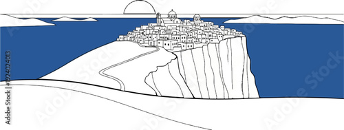 White, line-drawn village perched atop a cliff overlooking blue water
