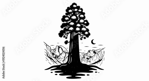 Tall tree with prominent roots stands before a mountainous landscape under a crescent moon