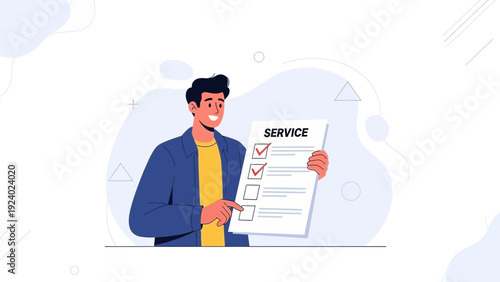 Man holding checklist with completed service tasks, business concept