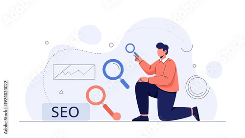 Man with Magnifying Glass Analyzing SEO Data for Website Optimization