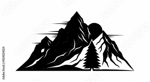 Stylized silhouette of jagged mountains with a sun and a lone pine tree