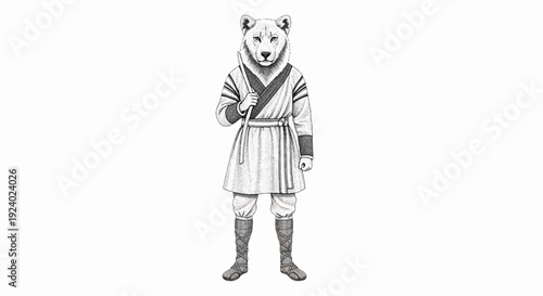 White lion figure in traditional clothing holding a staff