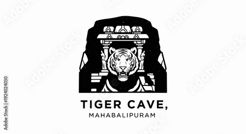 Stylized tiger face emerges from a carved stone cave structure with ancient pillars
