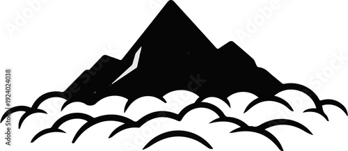 Stylized silhouette of mountain peaks emerging from swirling clouds