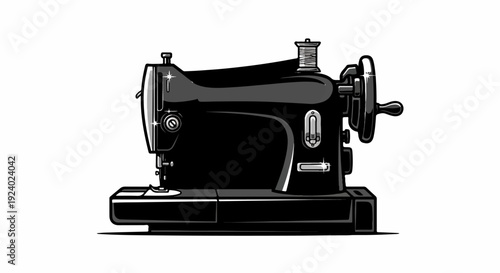 Vintage black sewing machine with a thread spool and handwheel