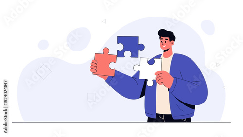 Man holding puzzle pieces, solving problem, strategy and teamwork concept
