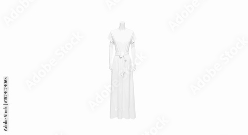 White long dress on a mannequin with a belted waist and short sleeves